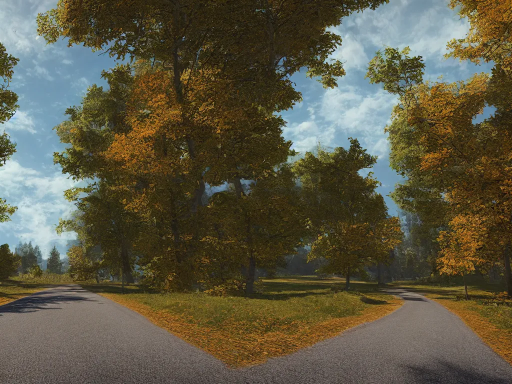 Image similar to Going to the end of the road, there are maple trees on both sides of the road, and maple leaves are floating in the air, Vanishing Point, hdr, ue5, unreal engine 5, cinematic 4k wallpaper, ultra detailed, high resolution, artstation, award winning.