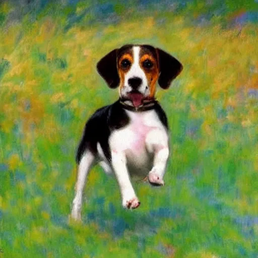 Prompt: impressionist art of a beagle dog running in the field in style of claude monet