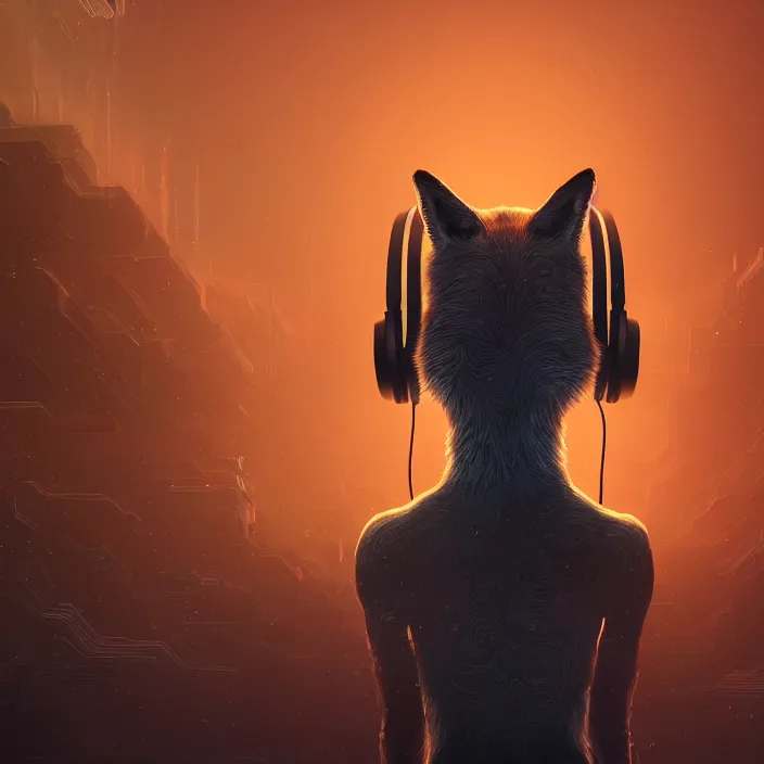 Image similar to fox with headphones, HD, 4K, intricate abstract. intricate artwork. by Tooth Wu, wlop, beeple, dan mumford, octane render, trending on artstation, greg rutkowski very coherent symmetrical artwork. cinematic, hyper realism, high detail, octane render, 8k, iridescent accents