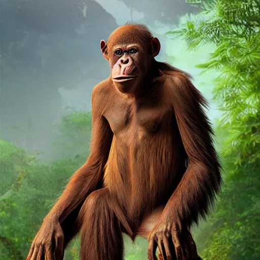 Image similar to “tall Goblin orangutan human hyena hybrid with mange holding a spear, jungle background”