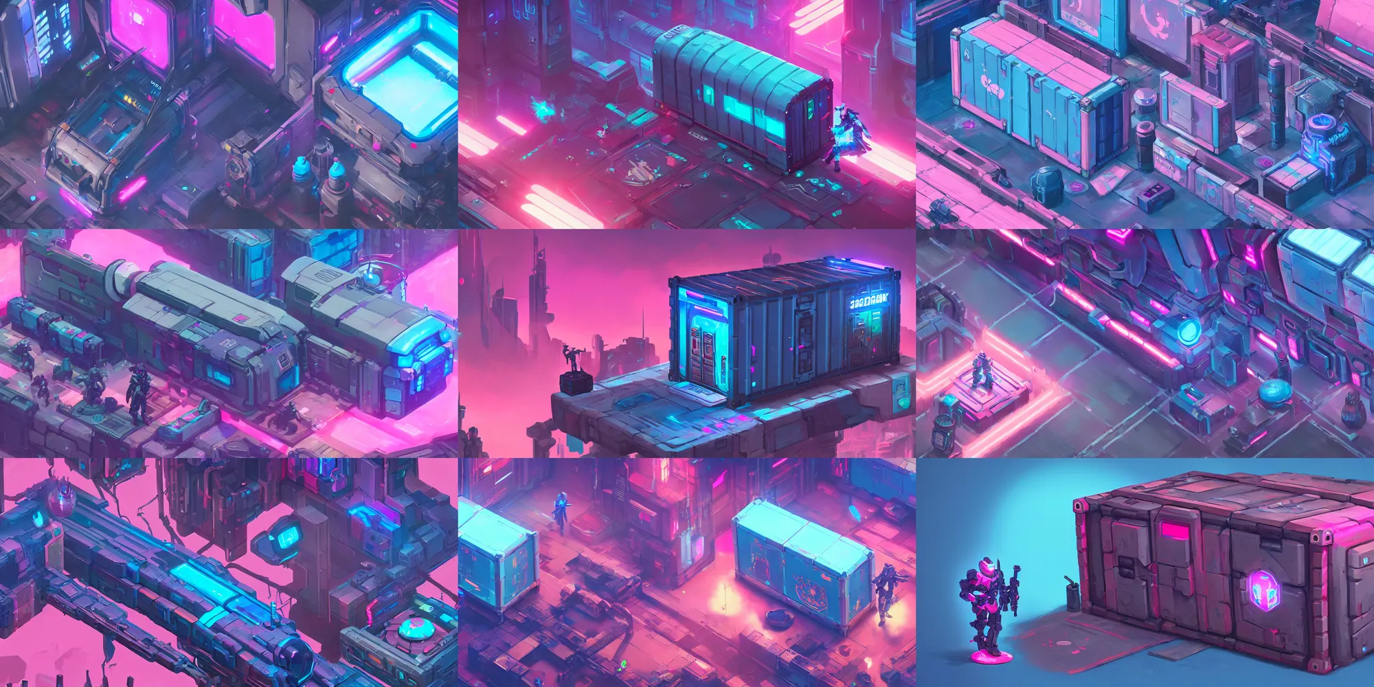 Prompt: game asset of cyberpunk pod and storage container, in gouache detailed paintings, props, stylized, 2 d sprites, kitbash, arcane, overwatch, blue and pink color scheme, 8 k, close up