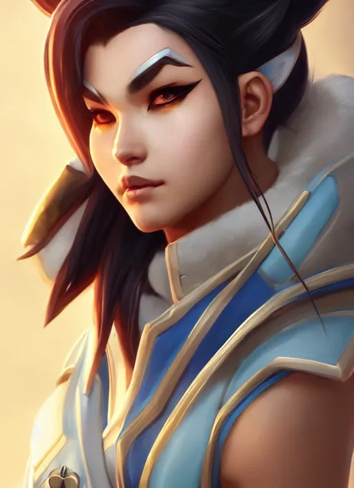 Image similar to character portrait of a fusion of Hanzo from Overwatch and D.Va from Overwatch by ArtGerm and Tom Bagshaw, 4k, highly detailed, cinematic lighting, characters merged