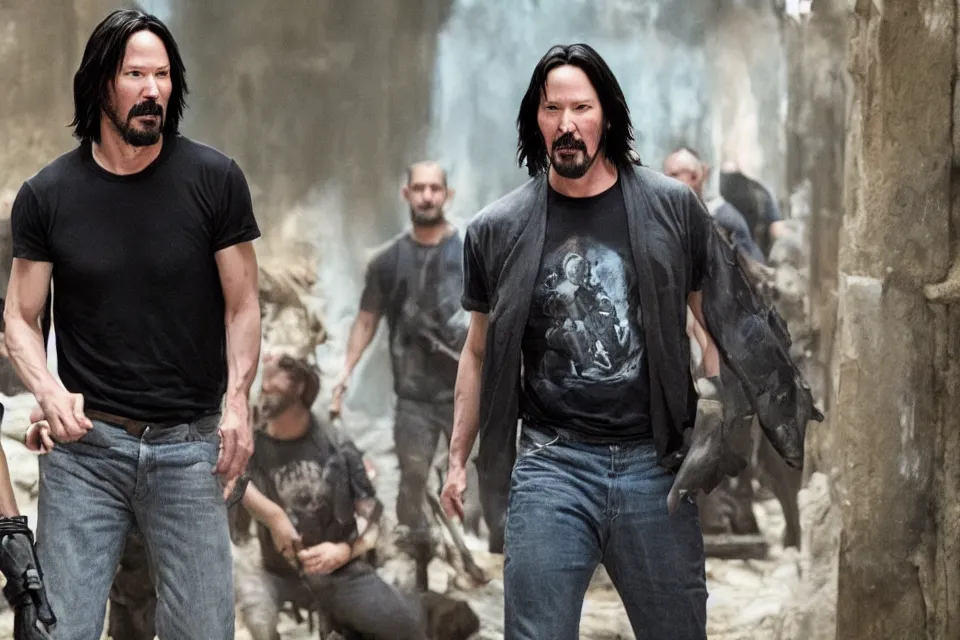 Image similar to film still of keanu reeves holding a t - shirt with keanu reeves on the sleeves in the new fantasy movie