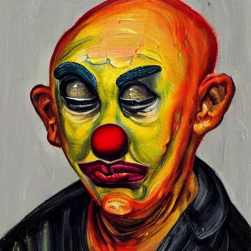 Image similar to a sweaty bald worried brow clown face in the style of lucien freud, painting, auction