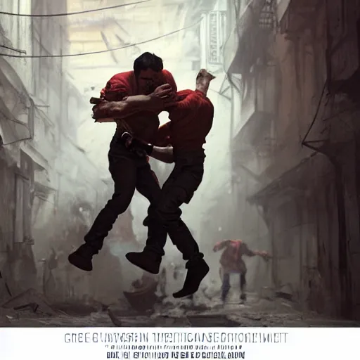 Image similar to original masterpiece artwork of 2 men choking each other during a fight in an alleyway by greg rutkowski and drew strewzan, horror, crime, hyperrealistic, octane render, exciting pose, dynamic lighting
