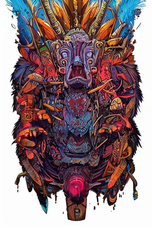 Image similar to totem animal tribal chaman vodoo mask feather gemstone plant wood rock video game illustration vivid color borderlands by josan gonzales and dan mumford radiating a glowing aura