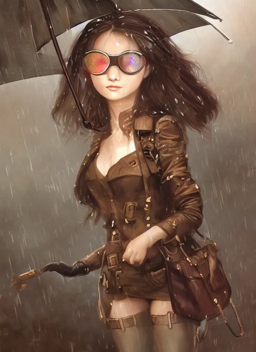 Prompt: girl, steampunk, goggles, pilot, standing in the rain with an umbrella, wet, raindrops, portait, made by stanley artgerm lau, wlop, rossdraws, james jean, andrei riabovitchev, marc simonetti, yoshitaka amano, artstation