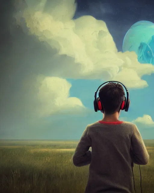 Prompt: boy with headphones looking into the sky, psychedelic trip, cinematic shot, epic composition, fine details, octane render, 8 k, depth of field, concept art, oil painting, digital art, deviantart artstation, extremely detailed, very sharp,