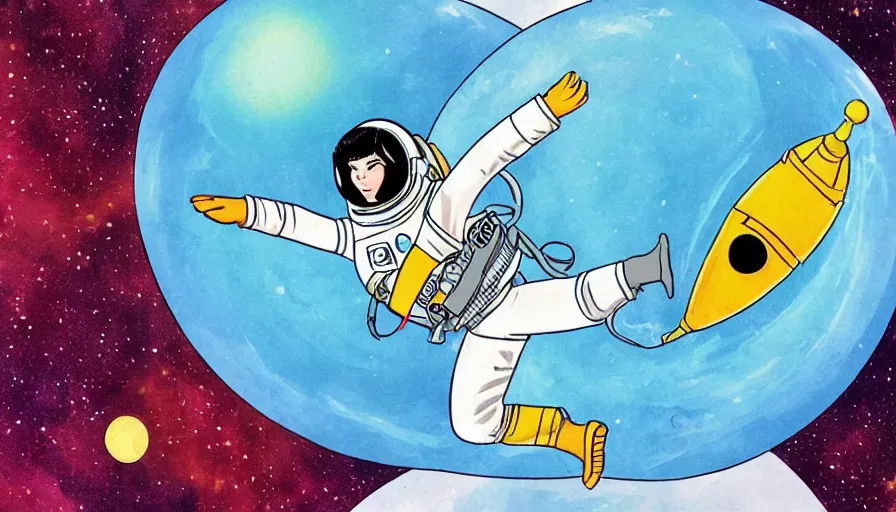 Image similar to a female astronaut floating in a scenic space environment in the style of yoko tsuno