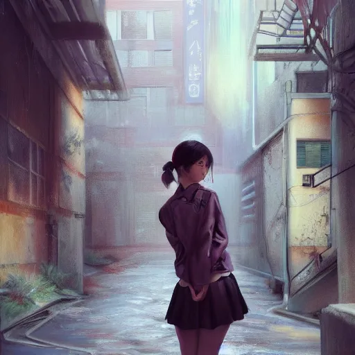 Image similar to a perfect, realistic professional digital oil painting of a Japanese schoolgirl posing in a dystopian alleyway, style of Marvel, full length, by a professional American senior artist on ArtStation, a high-quality hollywood-style concept