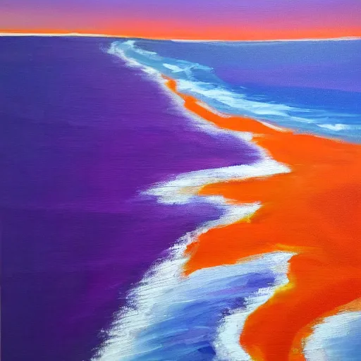 Prompt: Top down acrylic painting of an orange beach and purple ocean