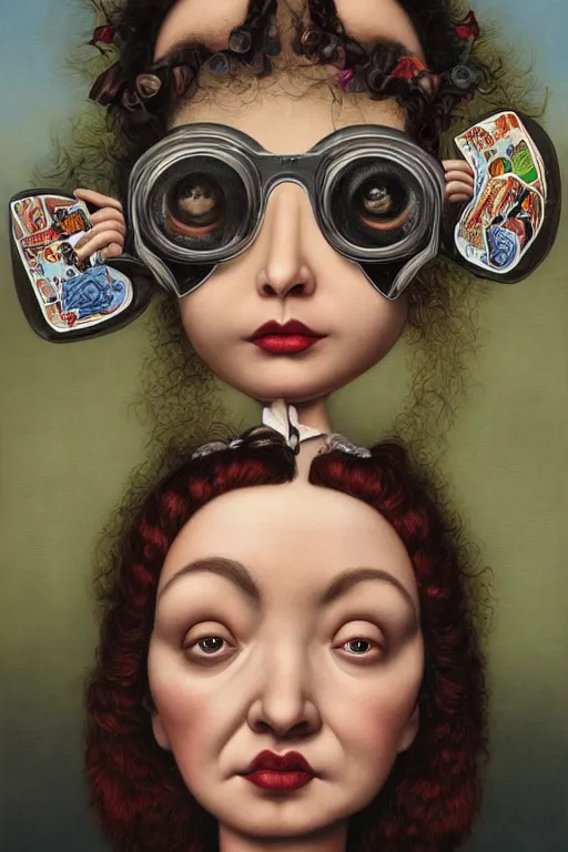 Image similar to a woman wearing a n oculus through her head to catch a trash Mark Ryden and Alex Gross, Todd Schorr highly detailed