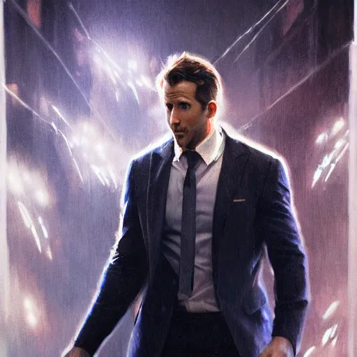 Image similar to ryan reynolds as spider - man, wearing a black and blue suit, cinematic, volumetric lighting, f 8 aperture, cinematic eastman 5 3 8 4 film, photorealistic by greg rutkowski, by stanley artgerm, by alphonse mucha