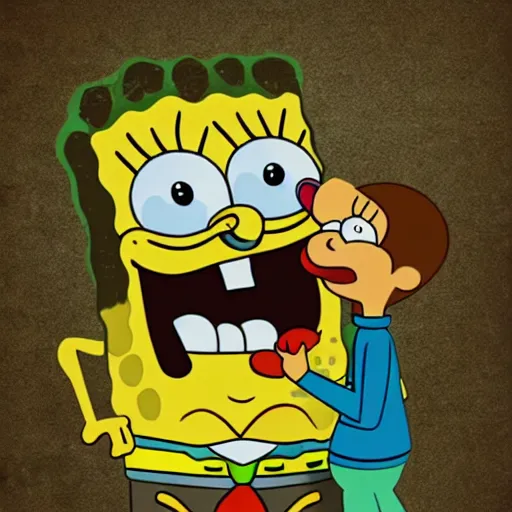 Image similar to spongebob licking a sad child, photorealistic