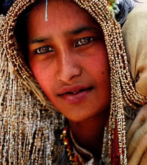 Prompt: vintage_closeup portrait_photo_of_a_stunningly beautiful_nepalese_maiden with amazing shiny eyes in the himalayan mountains by Annie Leibovitz