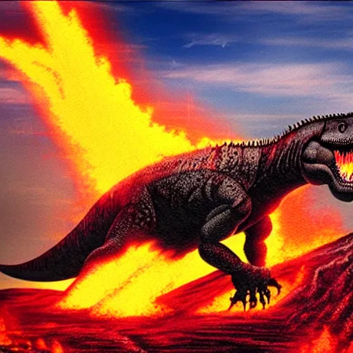 Image similar to Tyrannosaurus Rex jumping into volcano, lava erupting, fire, reddish sky, hyper realistic