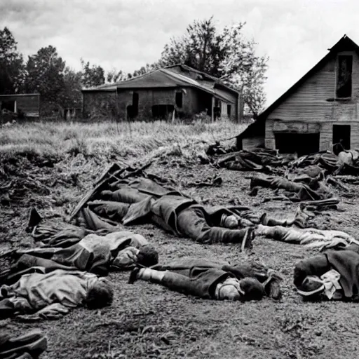 Prompt: a ww 2 picture of a pile of dead body's infront of a farm house, highly realistic, very detailed, taken on a ww 2 camera.