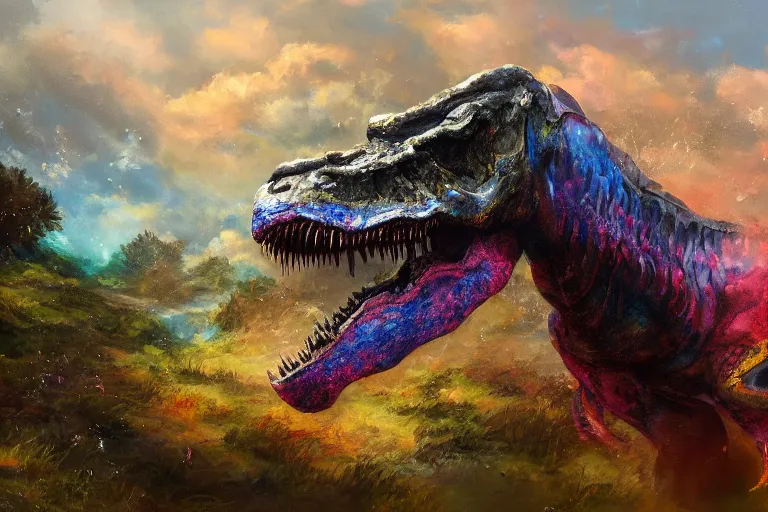 Image similar to highly detailed oil painting of a tyrannosaurus rex in a steaming colorful hotspring stream, featured on artstation