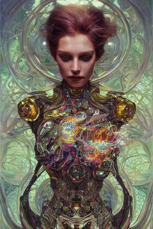 Prompt: psychedelic organic cyborg, glass, diffuse lighting, fantasy, intricate, elegant, highly detailed, lifelike, photorealistic, digital painting, artstation, illustration, concept art, smooth, sharp focus, art by John Collier and Albert Aublet and Krenz Cushart and Artem Demura and Alphonse Mucha