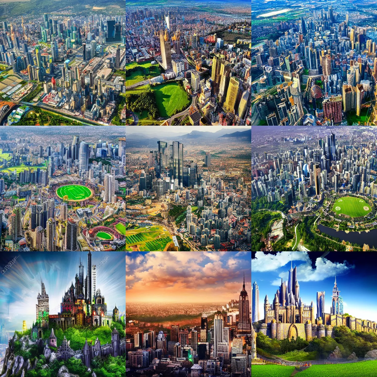 Prompt: fantasy city, gleaming, glorious, awe-inspiring, breathtaking, high towers, walls, grass field surrounding the city