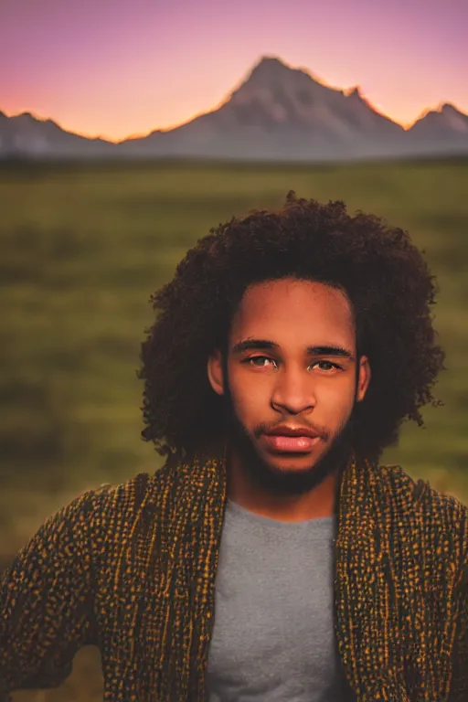 Prompt: double exposure young black man with long curly hair, detailed curls, mountain meadow sunrise