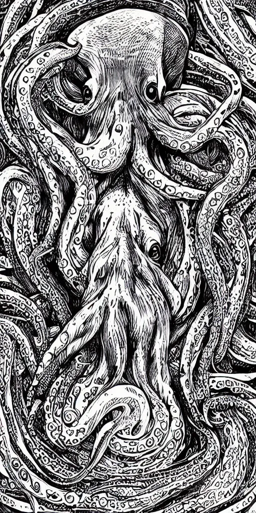 Image similar to psychedelic portrait of an angry octopus, cartoon illustration, finely detailed, photorealistic illustration, “ go away ”,