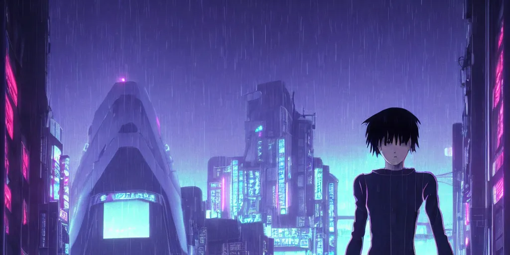 Image similar to twilight lighting, moody, atmospheric, solarpunk, cyberpunk, a render of the scp gate guardian, rainy, in the art style of neon genesis : evangelion, 8 0 s anime style, by ghibli studio and victor ngai, ghost in the shell art style, akira artstyle, pixar highly detailed, 8 k h 5 7 6