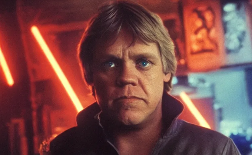 Image similar to screenshot portrait of Luke Skywalker in a seedy underground neon bar, iconic scene from 1980s film by Ridley Scott, 4k, cinematic still frame, cyberpunk sci fi architecture, portrait photoreal, detailed photo of Mark Hammill in the 1980s, moody lighting, stunning cinematography, hyper-detailed, sharp, anamorphic lenses, kodak color film stock