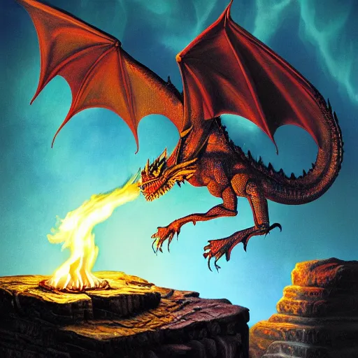 Image similar to bizmuth dragon glowing coals between bizmuth scales dragon profile eyes glowing on a plateau table rock book cover by artist michael whelan photorealistic