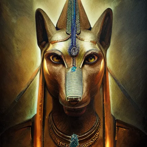 Image similar to portrait of anubis, intricate artwork, concept art, octane render, deviantart, cinematic, key art, hyperrealism, iridescent accents, portrait photograph, nikon 3 5 mm, photograph by greg rutkowski