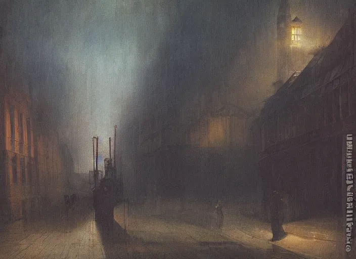 Prompt: 1 9 th century london, art by caspar david friedrich, thomas lawrence, john martin, dark, nigt, pub, pub sign, floor fog, coherent composition,