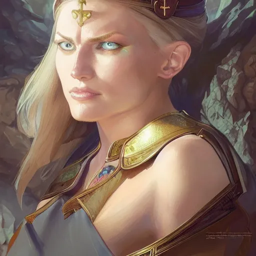 Image similar to muscular female nun, deep focus, d & d, fantasy, intricate, elegant, highly detailed, digital painting, artstation, concept art, matte, sharp focus, illustration, hearthstone, art by artgerm and greg rutkowski and alphonse mucha