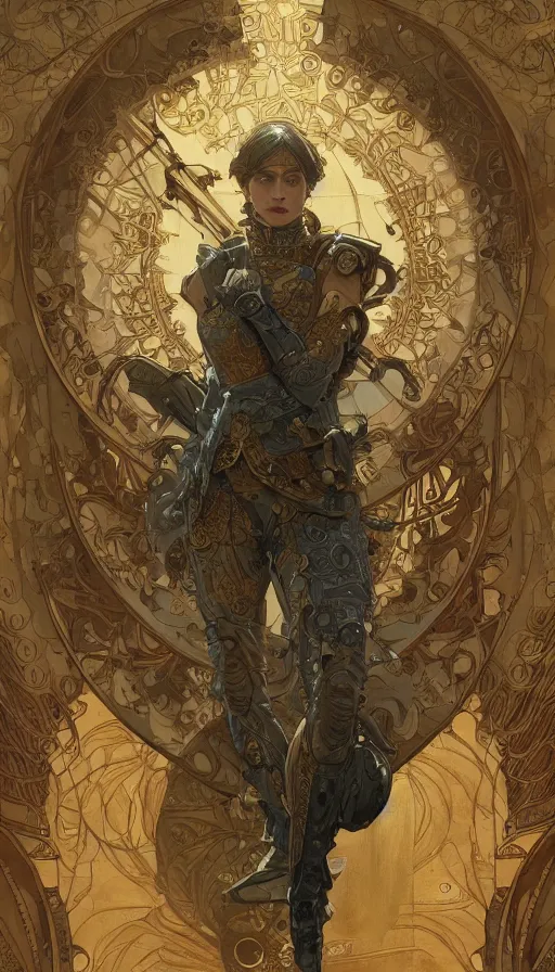 Image similar to a soldier in full armor, highly detailed, very intricate, art nouveau, gold filigree, left right symmetry, tarot concept art watercolor illustration by mandy jurgens and alphonse mucha and alena aenami, featured on artstation