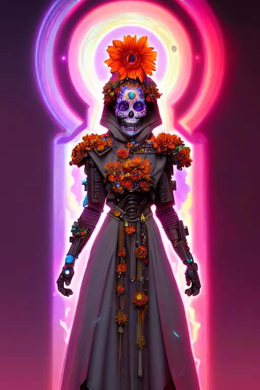 Prompt: ultra detailed female android deity, wearing a cloak, flower punk, scifi, fantasy, octane render, unreal engine, dia de los muertos, asymmetrical intricate concept art, triadic color, art by artgerm and greg rutkowski and alphonse mucha, 8 k