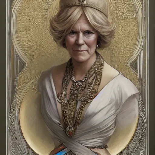 Prompt: amazing lifelike award winning pencil illustration of camilla Parker-Bowles trending on art station artgerm Greg rutkowski alphonse mucha j.c. Leyendecker cinematic