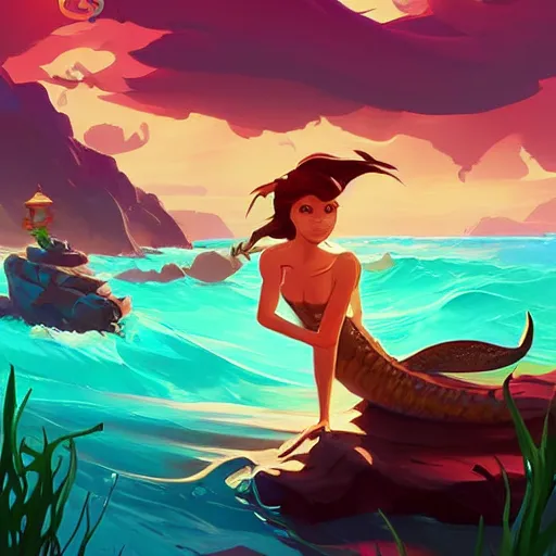 Image similar to painting mermaid treasure on sea of thieves game avatar hero smooth face median photoshop filter cutout vector, behance hd by jesper ejsing, by rhads, makoto shinkai and lois van baarle, ilya kuvshinov, rossdraws global illumination