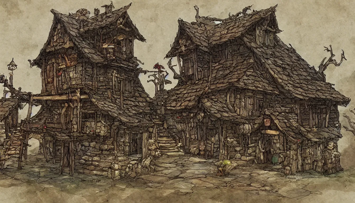 Image similar to Fantasy concept art of a baba yaga tavern. Tavern walks around on stilts. No people. Stilts have claws.