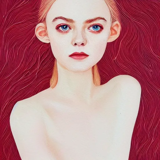 Image similar to professional painting of Elle Fanning in the style of Conrad Roset, head and shoulders portrait, symmetrical facial features, smooth, sharp focus, illustration, intricate, stormy weather, extremely detailed masterpiece,