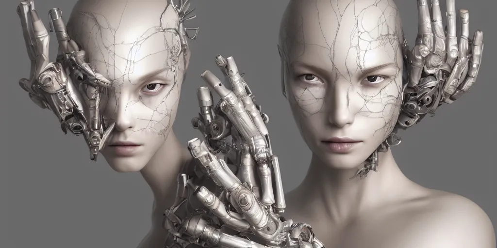 Image similar to hyper realistic photography of a stunningly beautiful cyborg female, elbow, thy, intimate, holding close, reflective chrome in the style of beth cavener, jin kagetsu,, and wlop, highly detailed, intricate filigree,, masterpiece, award winning, sharp focus, concept art, ringflash lighting, ambient lighting, octane render, 8 k, artstation