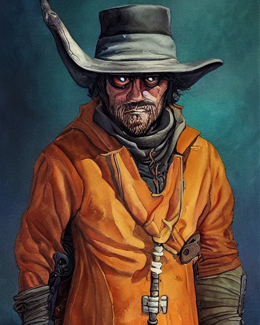 Prompt: a oil / watercolor painting full body character portrait of a bandit / sorcerer in the style of moebius in the style of leonard boyarsky trending on artstation deviantart pinterest detailed photorealistic highlights and shadow hd 8 k post - processing high resolution