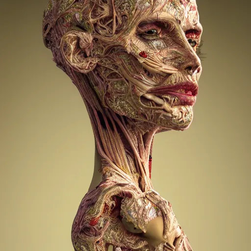 Image similar to beatifull face portrait of a woman, 150 mm, anatomical, flesh, flowers, mandelbrot fractal, facial muscles, veins, arteries, intricate, golden ratio, full frame, microscopic, elegant, highly detailed, ornate, ornament, sculpture, elegant , luxury, beautifully lit, ray trace, unreal, 3d, PBR, in the style of peter Gric , alex grey and Romero Ressendi