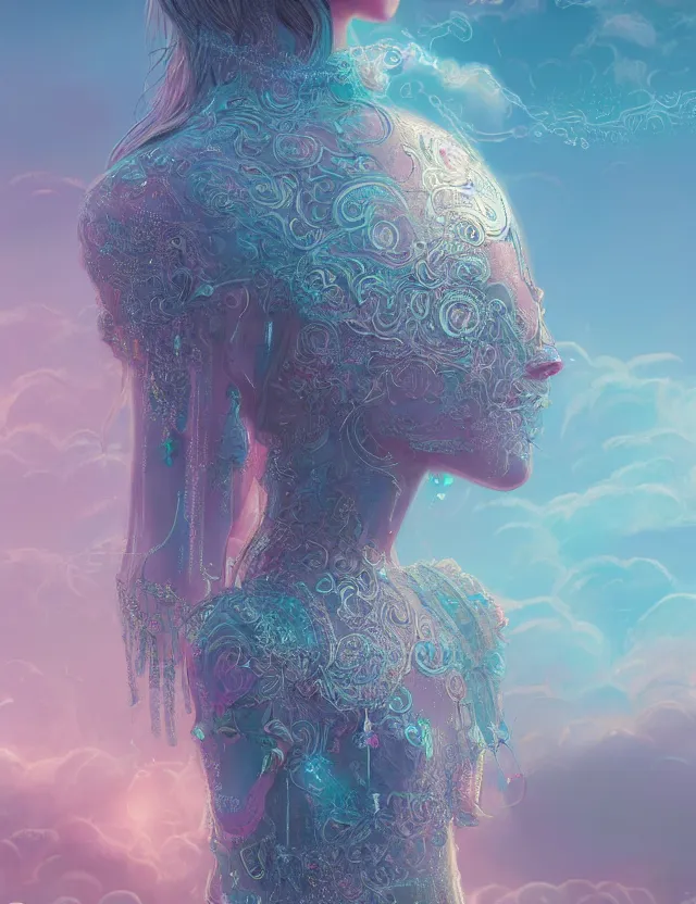 Prompt: techno - embroidered human decorated with filigree and beads walks in the clouds, safe for work, vivid pastel color scheme, by award - winning concept artist, dynamic composition, backlighting, radiant light