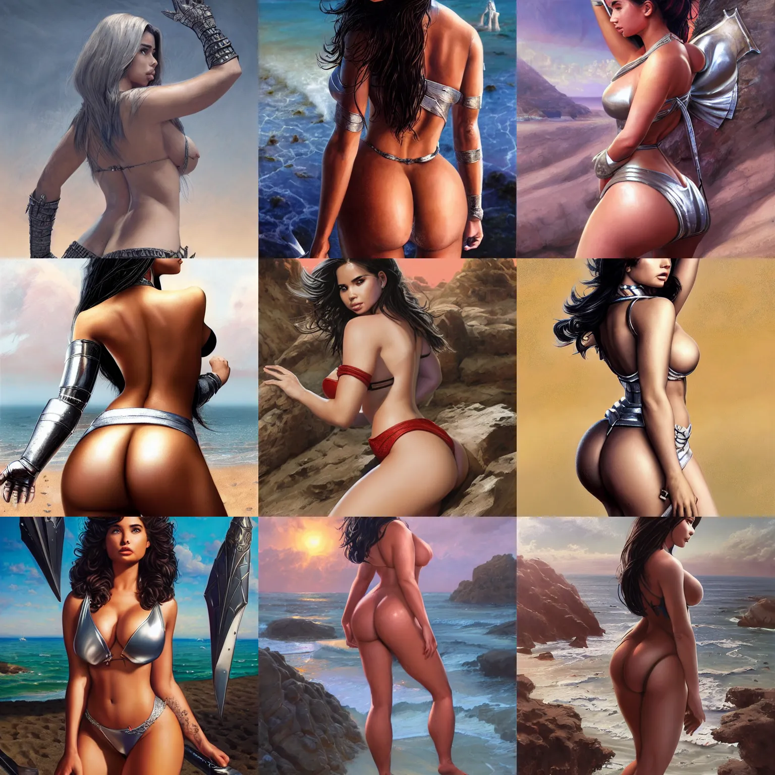 Prompt: portrait of Demi Rose Mawby as seen from above and to the back as a knight in skimpy silver armor standing on a beach, marvel comics, dark, intricate, highly detailed, smooth, artstation, digital illustration by Ruan Jia and Mandy Jurgens and Artgerm and Wayne Barlowe and Greg Rutkowski and Frank Frazetta