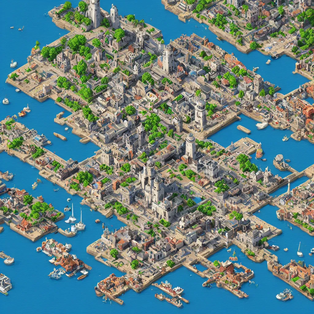 Prompt: isometric voxel bay with a medieval city. A port with sailboats. A lighthouse in the water, stone towers of a castle block of art. hd, detailed, 4k, concept art.