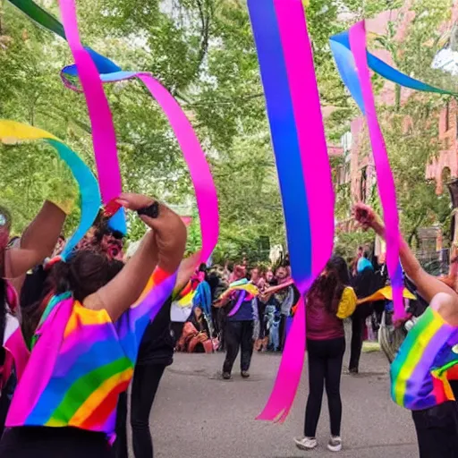 Prompt: people dancing with rainbow ribbons of color