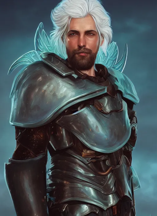 Prompt: an epic fantastic realism comic book style portrait painting of an aasimar paladin, male, angel wings on back, silver hair, short brown beard, d & d concept art, unreal 5, daz, teal aesthetic, octane render, cosplay, rpg portrait, dynamic lighting