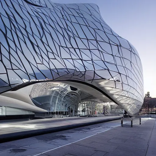 Image similar to extremely detailed ornate stunning beautiful elegant futuristic museum exterior by Zaha Hadid