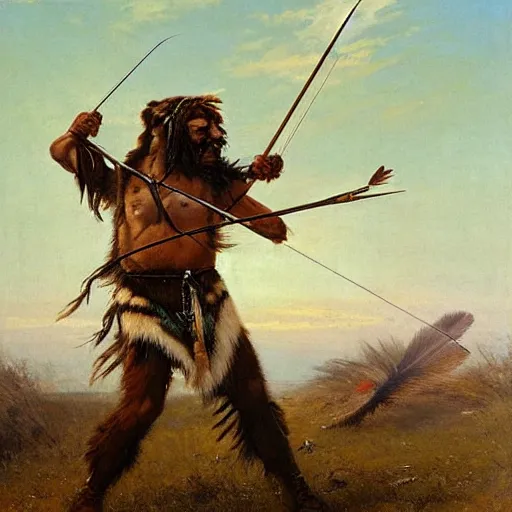 Prompt: american indian hunting sabertooth tiger with bow and arrow, plains by emanuel leutze