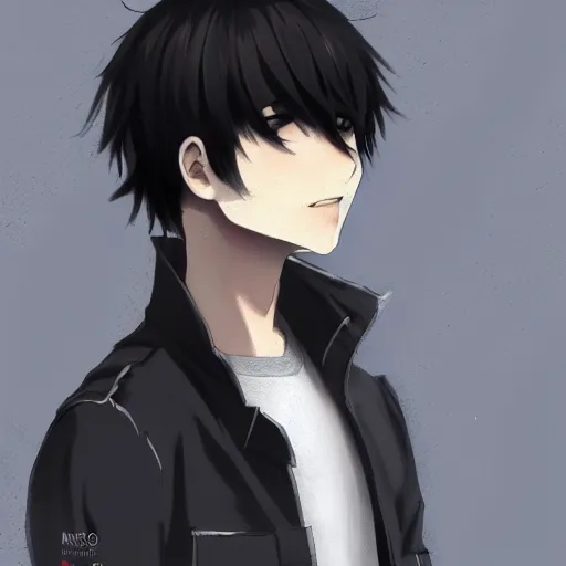 Prompt: Anime portrait of a man by Mahiro Maeda, he is about 30 years old, short black hair with bangs, his features are a mix between French, Turkish and Russian and he is wearing a beige and black utility jumpsuit, highly detailed portrait, digital painting, artstation, concept art, smooth, sharp foccus ilustration, Artstation HQ