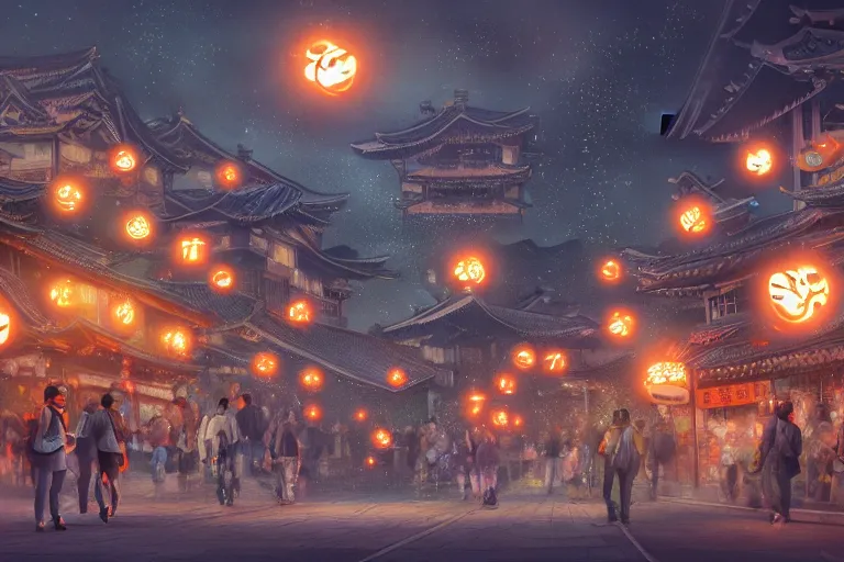 Image similar to fantasy art of glowing goldfish swimming in the air, in the streets of a japanese town at night, with people watching in wonder, by fenghua zhong, highly detailed digital art, trending on artstation